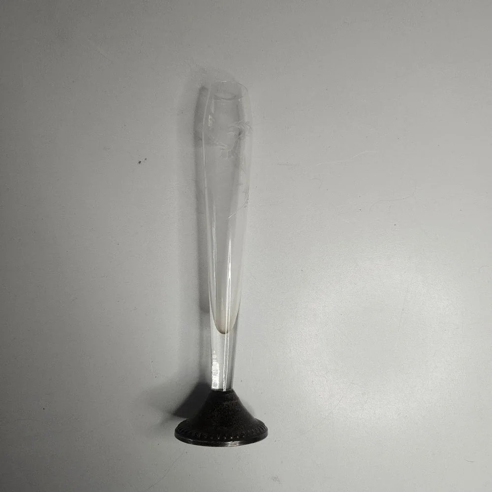 Duchin Creation Sterling Silver Weighted Base Etched Glass Bud Vase Vintage 50s‎